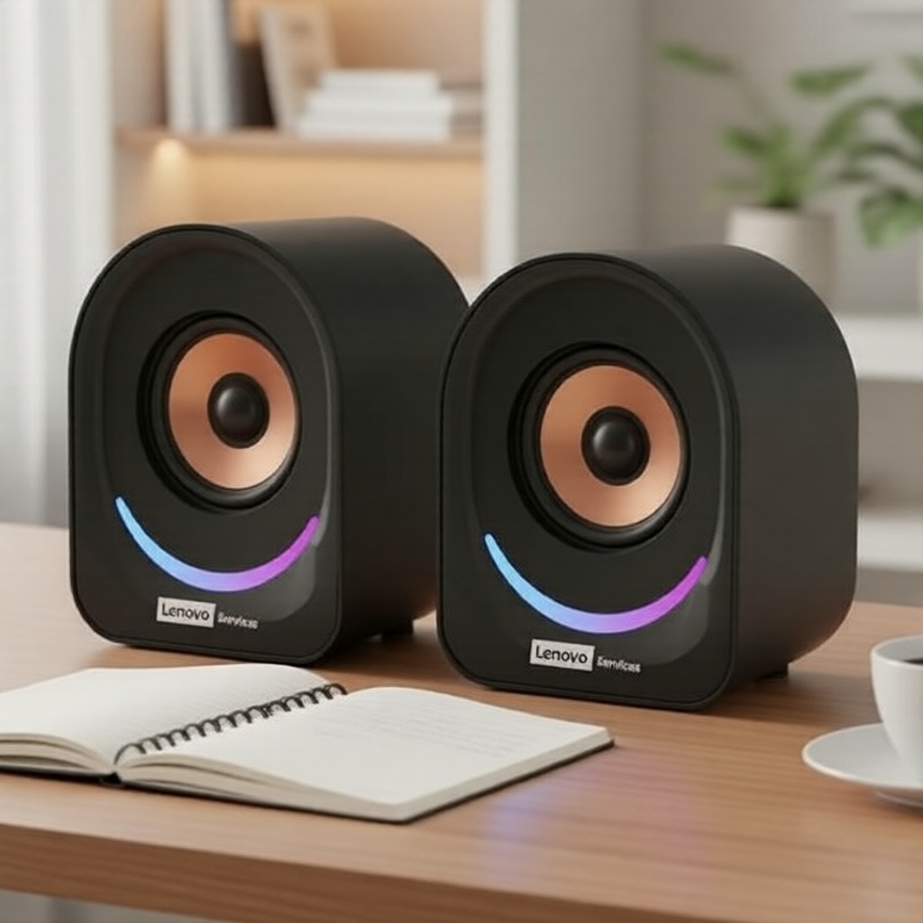 Caixas de Som Lenovo para Computador com Fio Mini para Desktop e Laptop, Áudio Multimídia para Desktop Doméstico