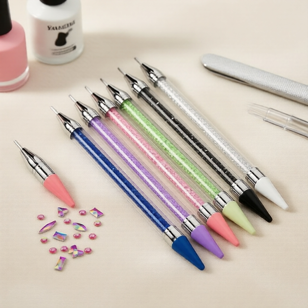 Ferramenta de Arte de Unhas Crystal-Handle: Pincel 2 em 1 e Lápis de Cera, Caneta para Pontilhado e Pegador de Strass