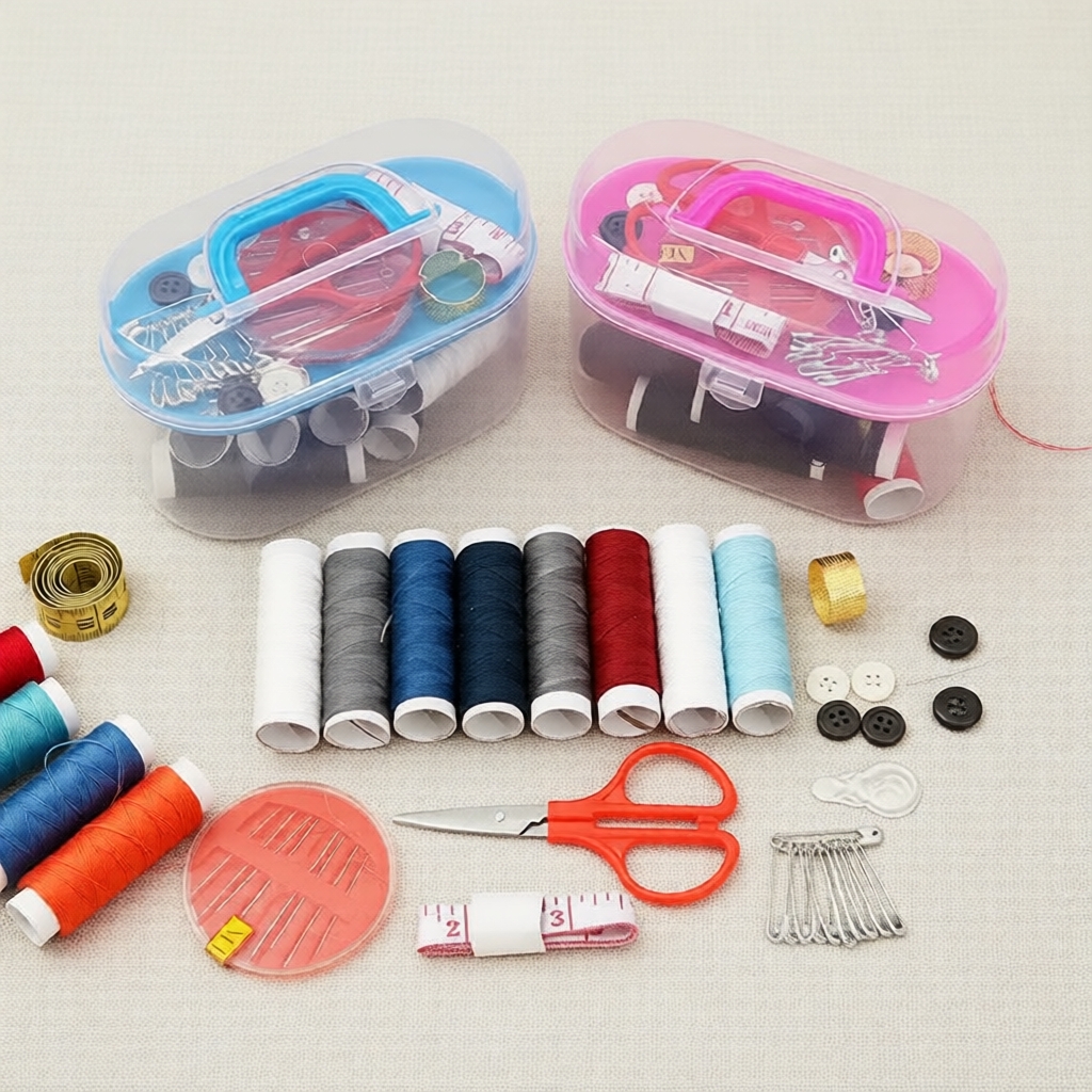 Kit básico de costura doméstica: agulhas, linha, alfinetes, dedal para reparos de roupas