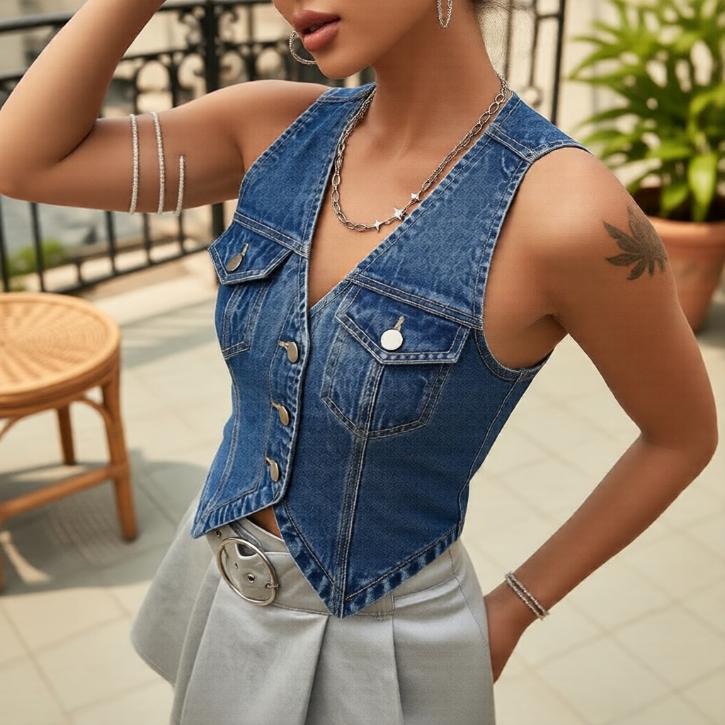 Colete Feminino Jeans Slim com Gola em V - Colete Cropped Y2K com Botões