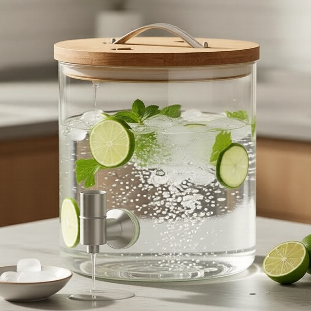 Dispensador de Bebidas de Vidro 5L com Torneira de Aço Inoxidável, Boca Larga, Fácil de Reabastecer para Bebidas Frias