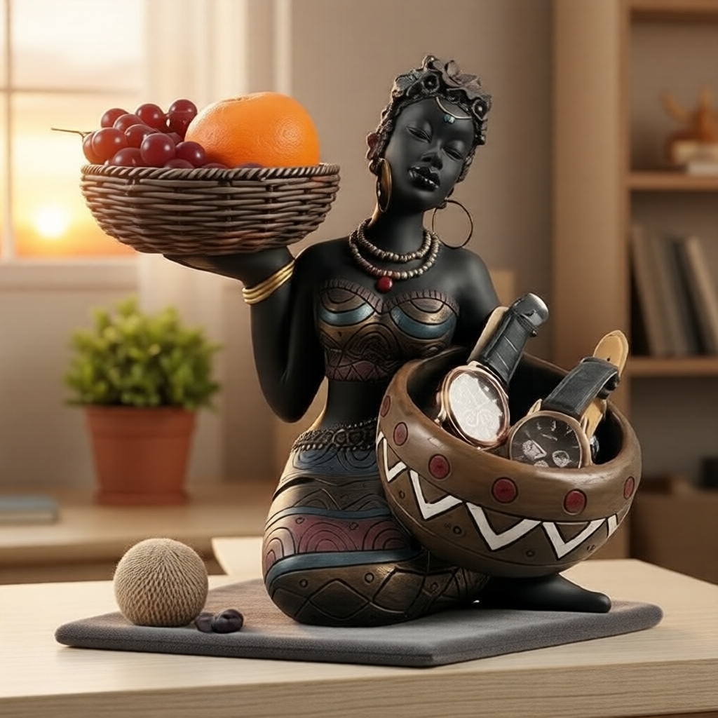 Escultura de Senhora em Resina de Arte Africana, Suporte 2 em 1 para Chaves e Frutas, Peça de Decoração para Casa