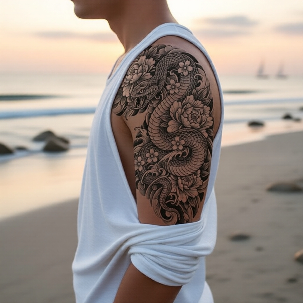 Arte Corporal de Tatuagem Japonesa de Cobra e Peônia, Adesivo à Prova d’Água com Ervas, Meia-Manga, Uso de 7 a 15 Dias,