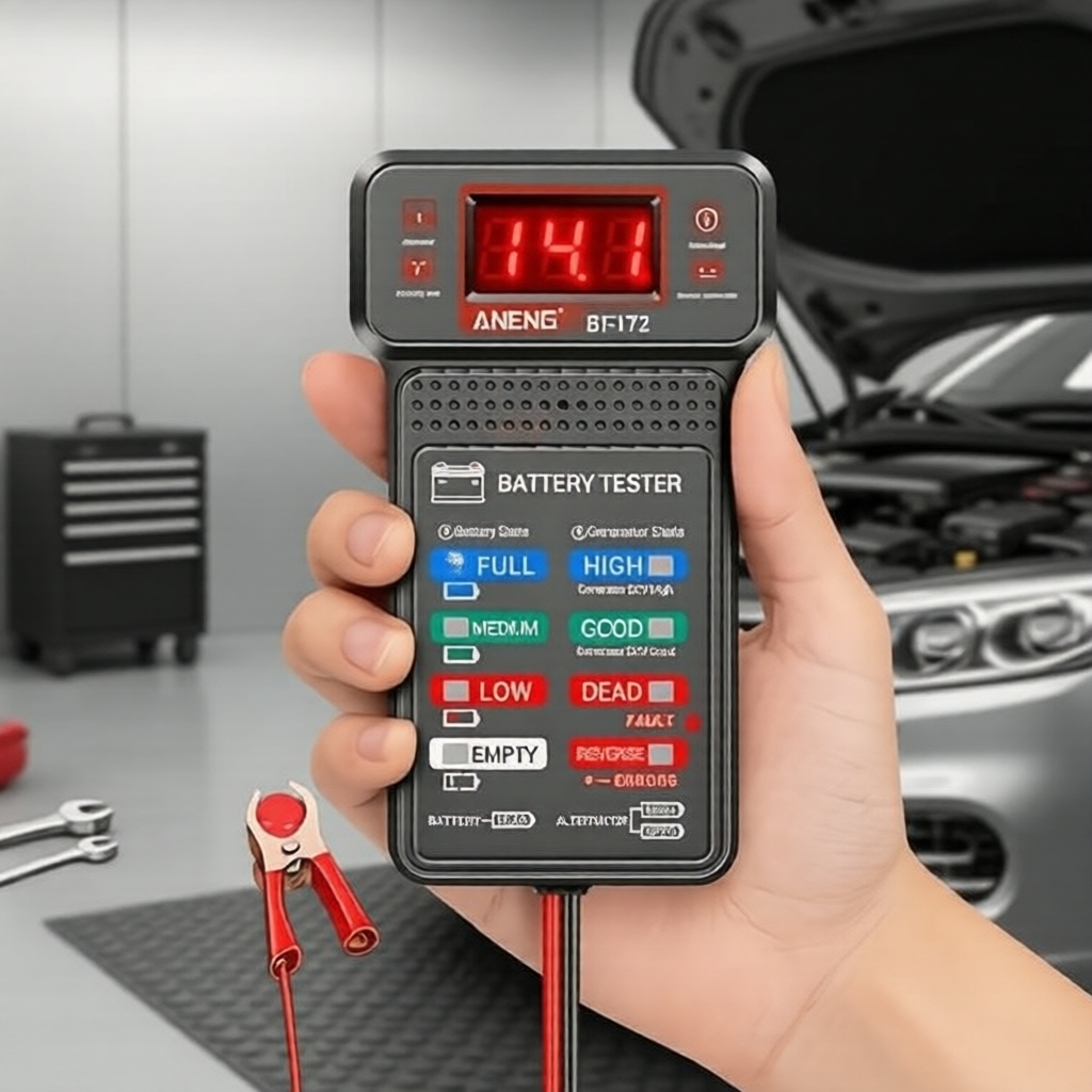 Verificador de bateria automotiva 12V, display LED, garras jacaré, teste rápido sem desmontagem