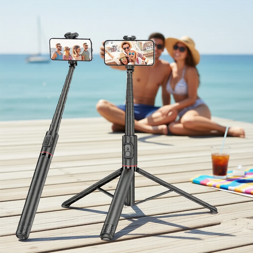 SELFIESHOW C10 Tripé/Bastão integrado com controle remoto sem fio, múltiplos ângulos para selfies com iPhone, vlogs e