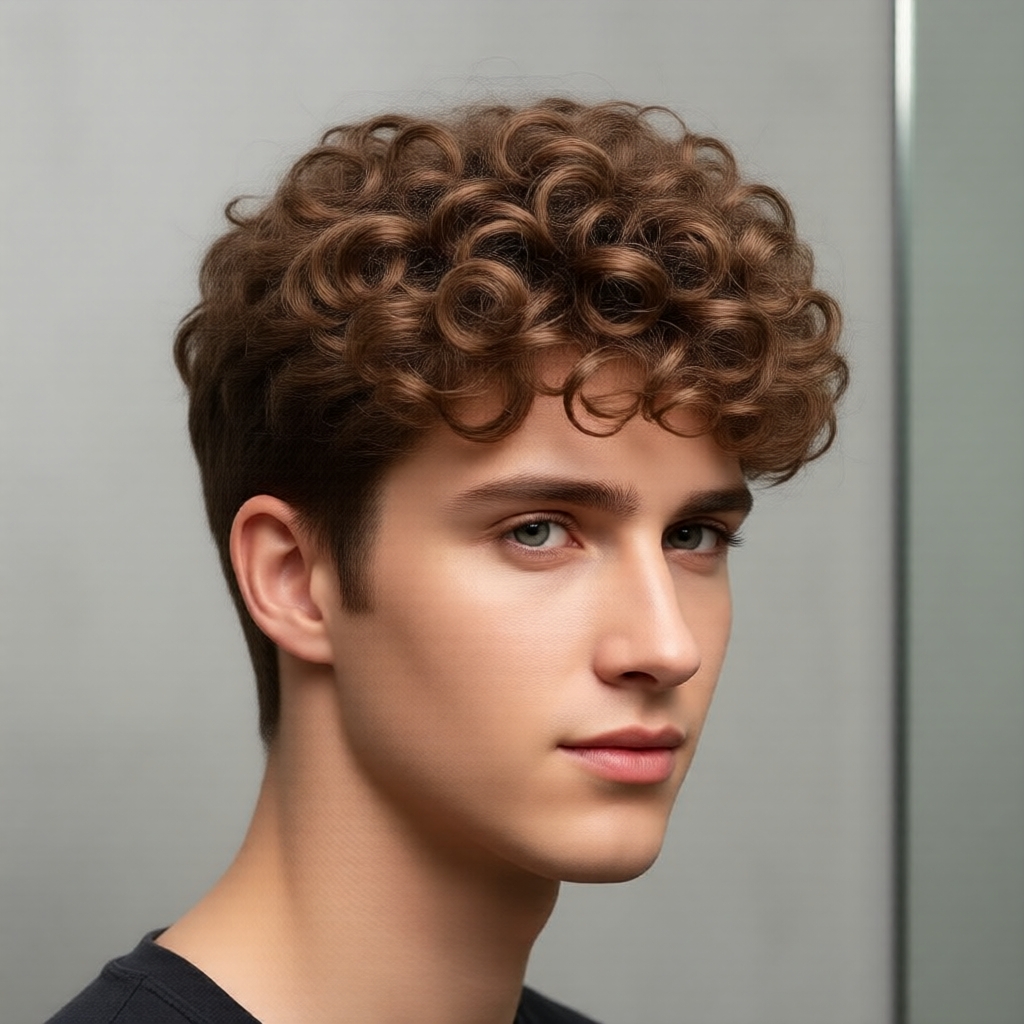 Peruca Sintética Masculina Castanha com Cachos, Corte em Camadas Volumosas com Franja, Perfeita para Uso Diário e