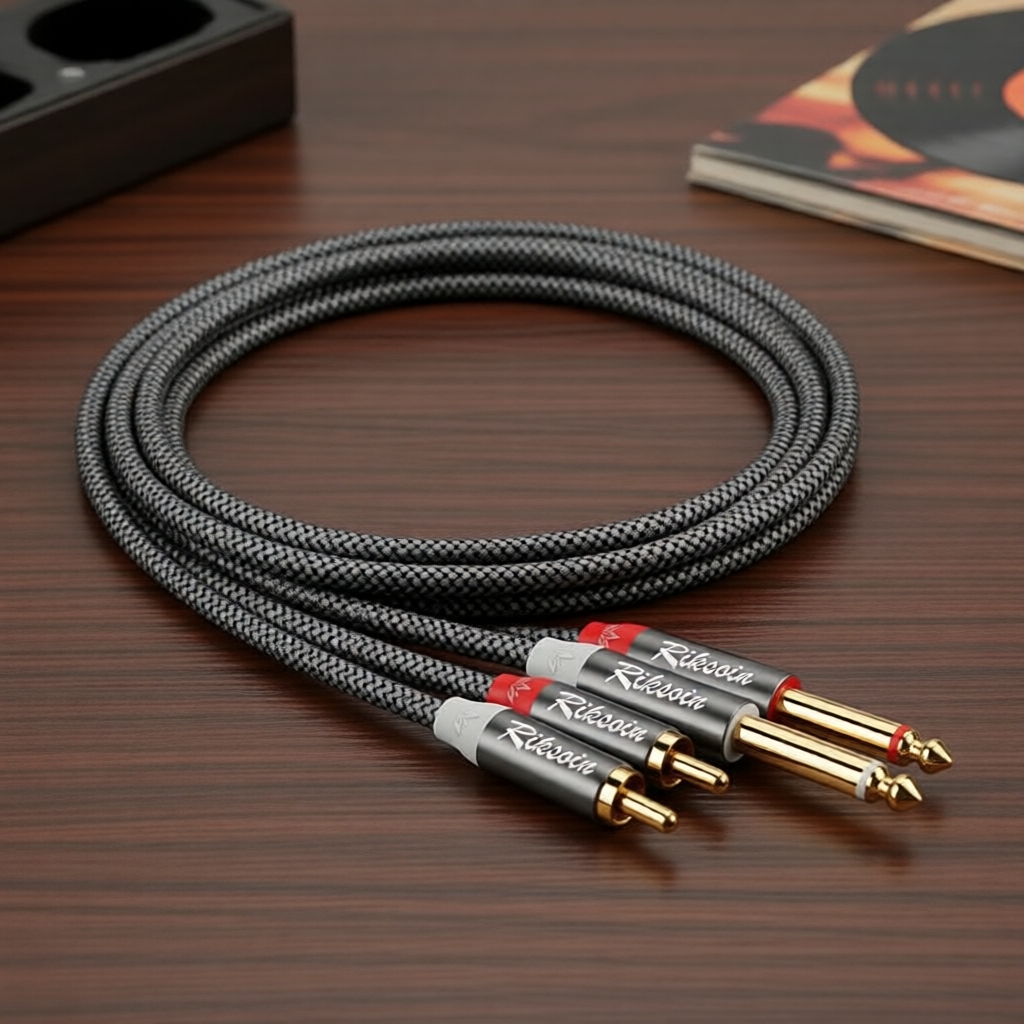 Cabo de Áudio Trançado RIKSOIN 2RCA para 2x 6,35mm TRS – Para Áudio Profissional, Guitarra, Caixa de Som, Mesa de Som
