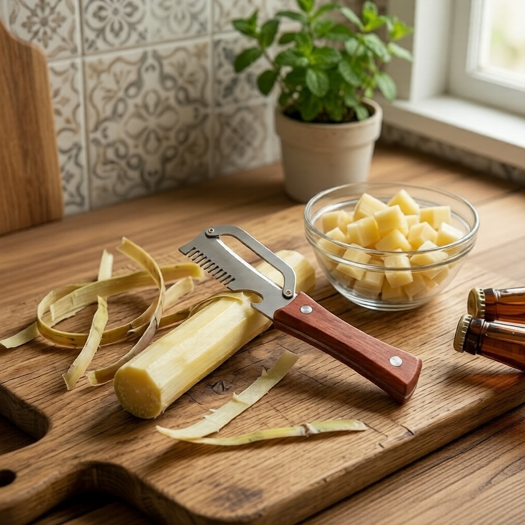 Descascador de Cozinha em Aço Inoxidável com Cabo de Madeira, Inclui Abridor Extra