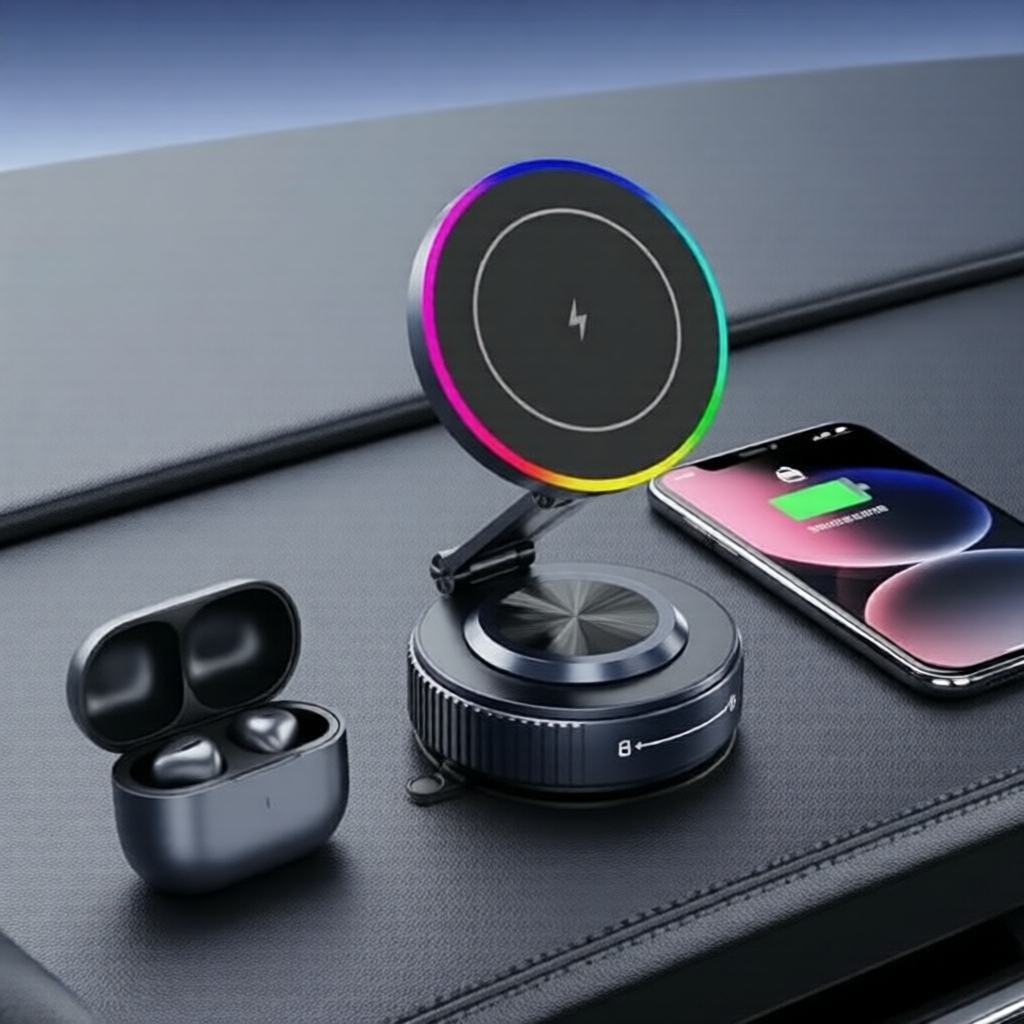 Carregador de Carro Magnético Sem Fio 15W, Suporte de Ventosa, Suporte Rotativo 360° para iPhone e Smartphones