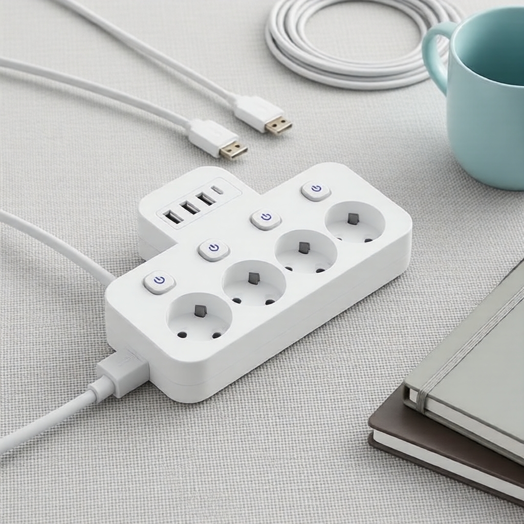 Tomada múltipla europeia 8 em 1: 4 tomadas AC, 3 USB-A/C, plugue europeu, interruptores independentes, extensão curta/5