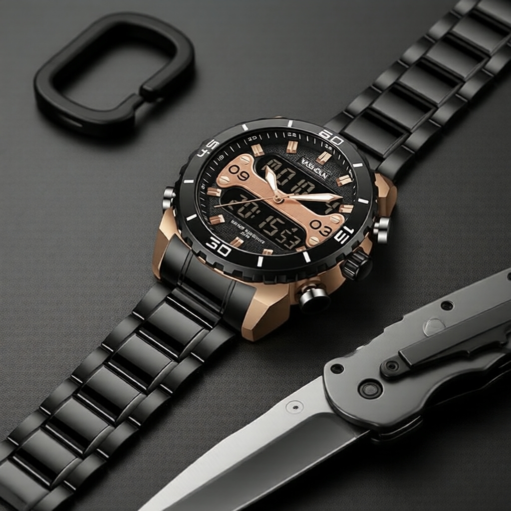 Yashidun Relógio de Pulso Masculino Preto com Ouro Rosé, à Prova d'Água, Duplo Visor Digital e Analógico