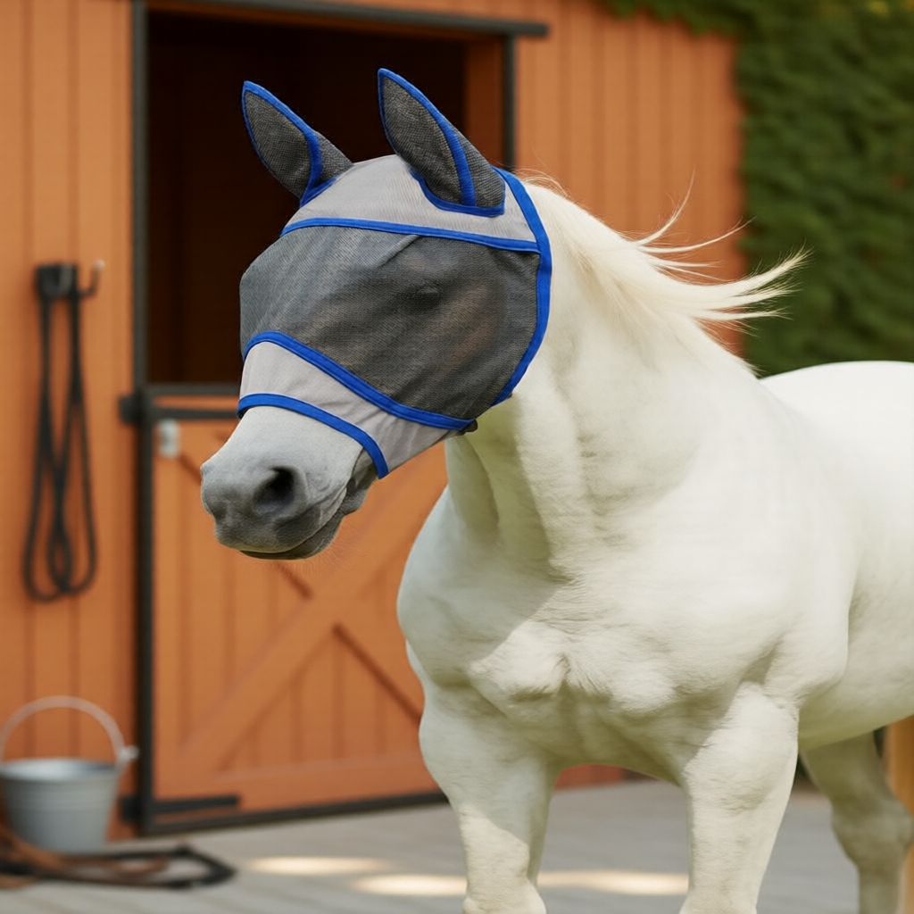 Máscara de proteção para cavalo com abas auriculares - Bloqueio de raios UV, proteção contra moscas e abafador