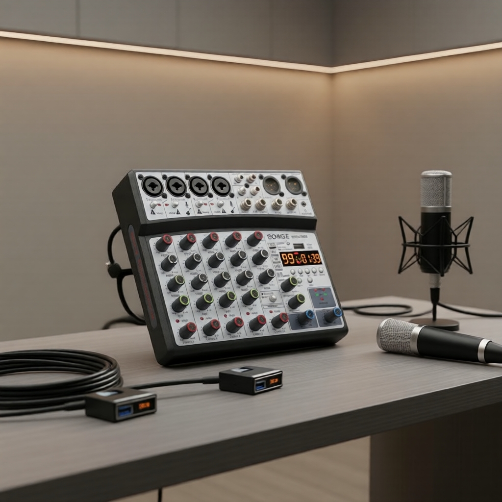 BOMGE 99DSP Pro HiFi Mixer de Som DJ 6 Canais com USB, Bluetooth e Interface de Áudio MP3