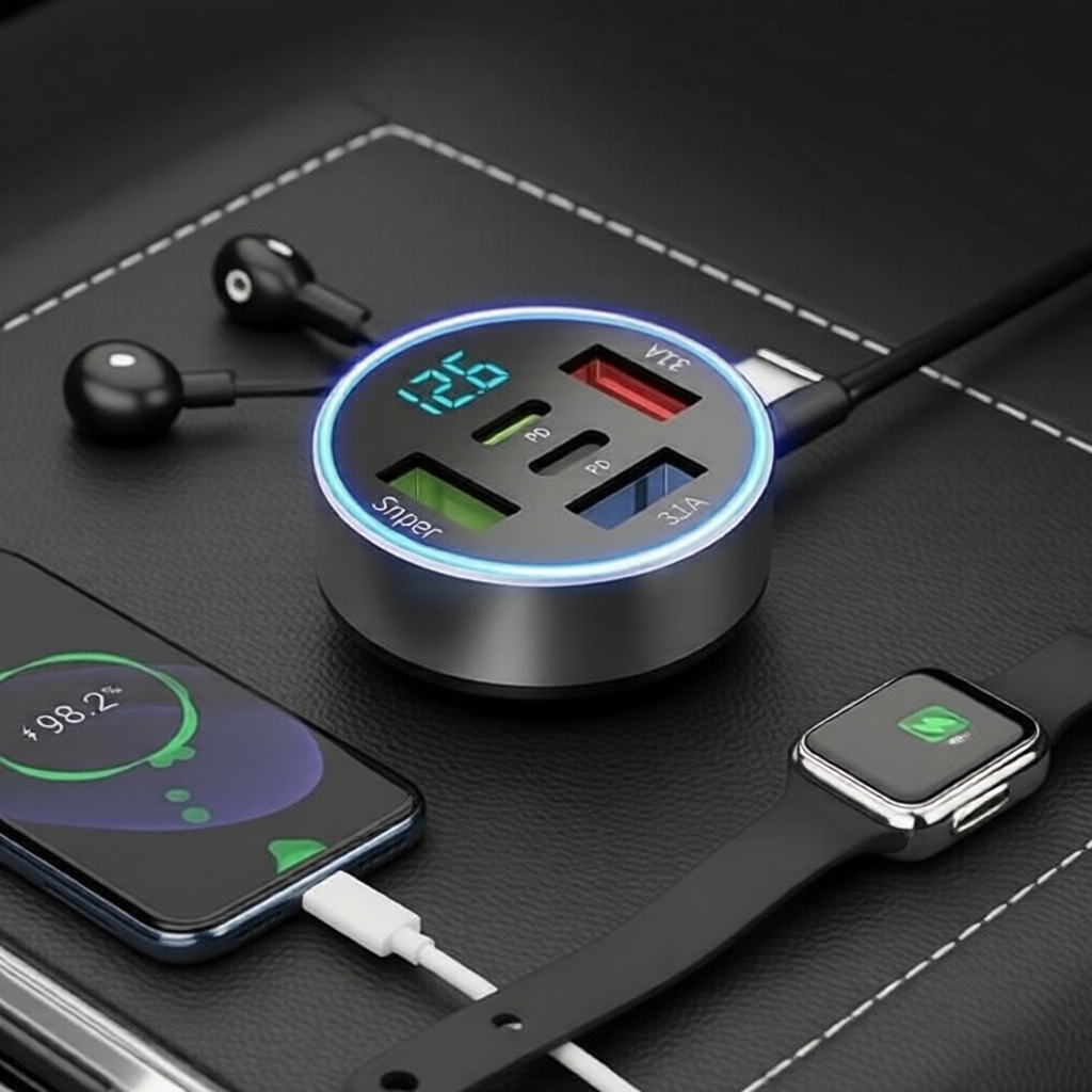Carregador automotivo 5 em 1 USB, com voltímetro integrado, duas portas PD 3.0, carregamento ultrarrápido para