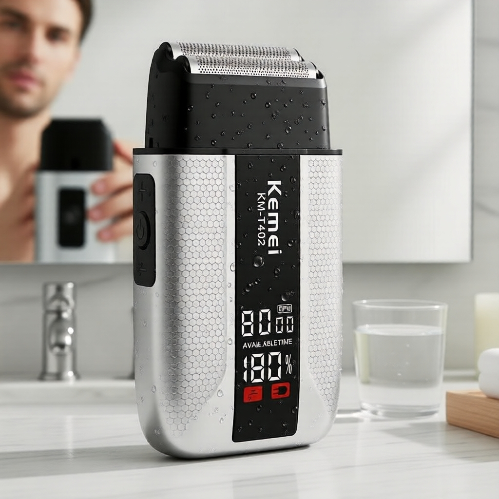 Kemei T402 Barbeador Elétrico à Prova d'Água Profissional, 3 Velocidades, Lâmina para Barbear com Tampa UV