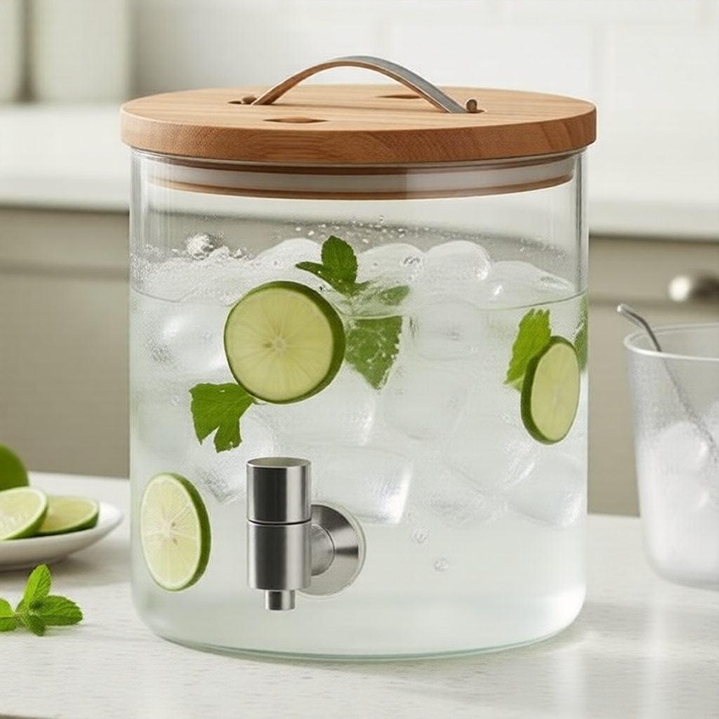 Dispensador de Bebidas de Vidro de Boca Larga 5L, Torneira de Aço Inoxidável, Fácil de Abastecer para Bebidas Frias -