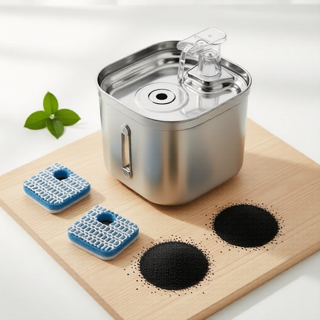 Fonte de água para gatos 2.2L em aço inoxidável, filtro de reposição, purificação em três etapas