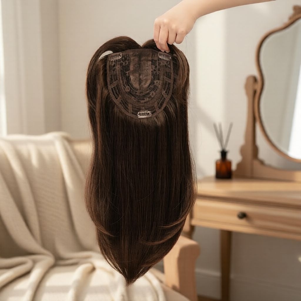 Peruca feminina de 45 cm com franja, aplique de fibra orgânica com aparência natural para uso diário e festas