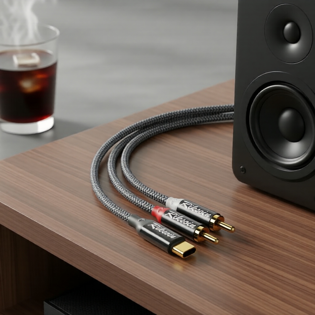 Cabo Adaptador de Áudio Riksoin USB-C para 2 RCA Y Splitter para Tablet Home Theater Amplificador Pro Max