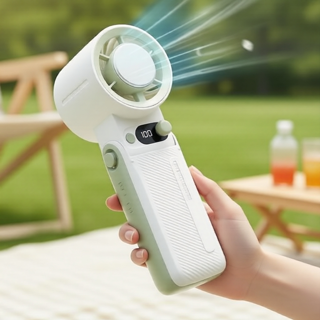 Ventilador de mão mini turbo, recarregável via USB, dobrável, com display digital, funcionamento silencioso