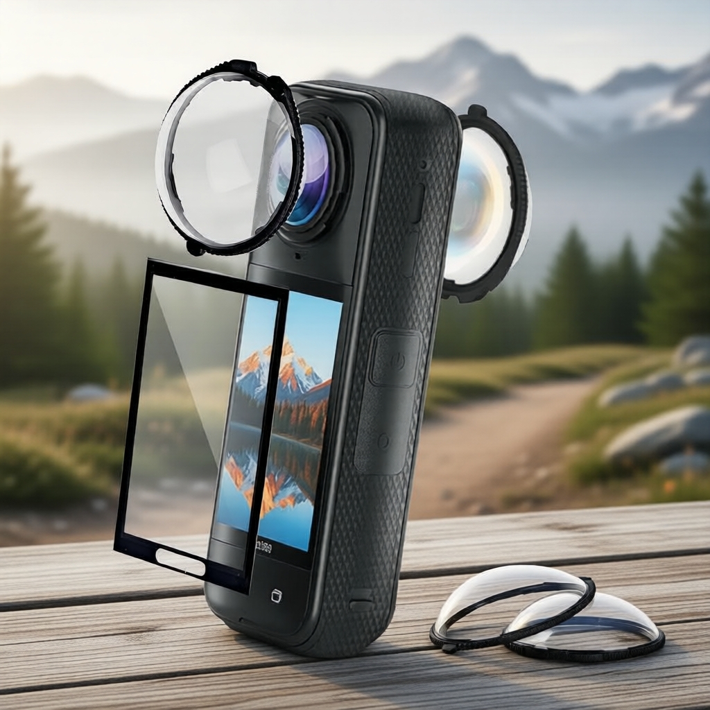Kit Protetor de Lentes Insta360 X5: 2x Tampas de Lente + 2x Protetores de Tela, Tampa de Lente de Substituição,