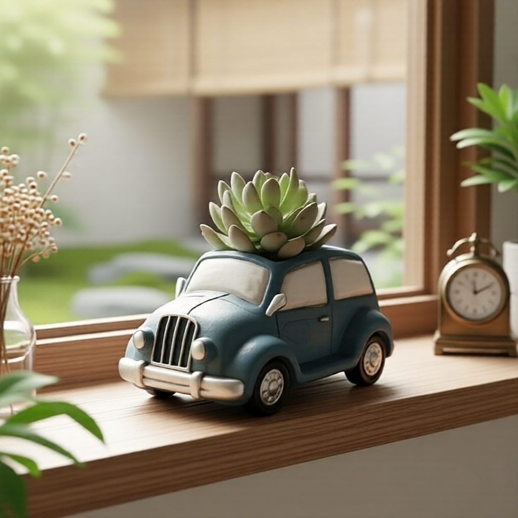 Vaso de Caneta e Planta Suculenta em Resina Vintage Azul – Organizador de Mesa Fofo para Decoração de Escritório em Casa