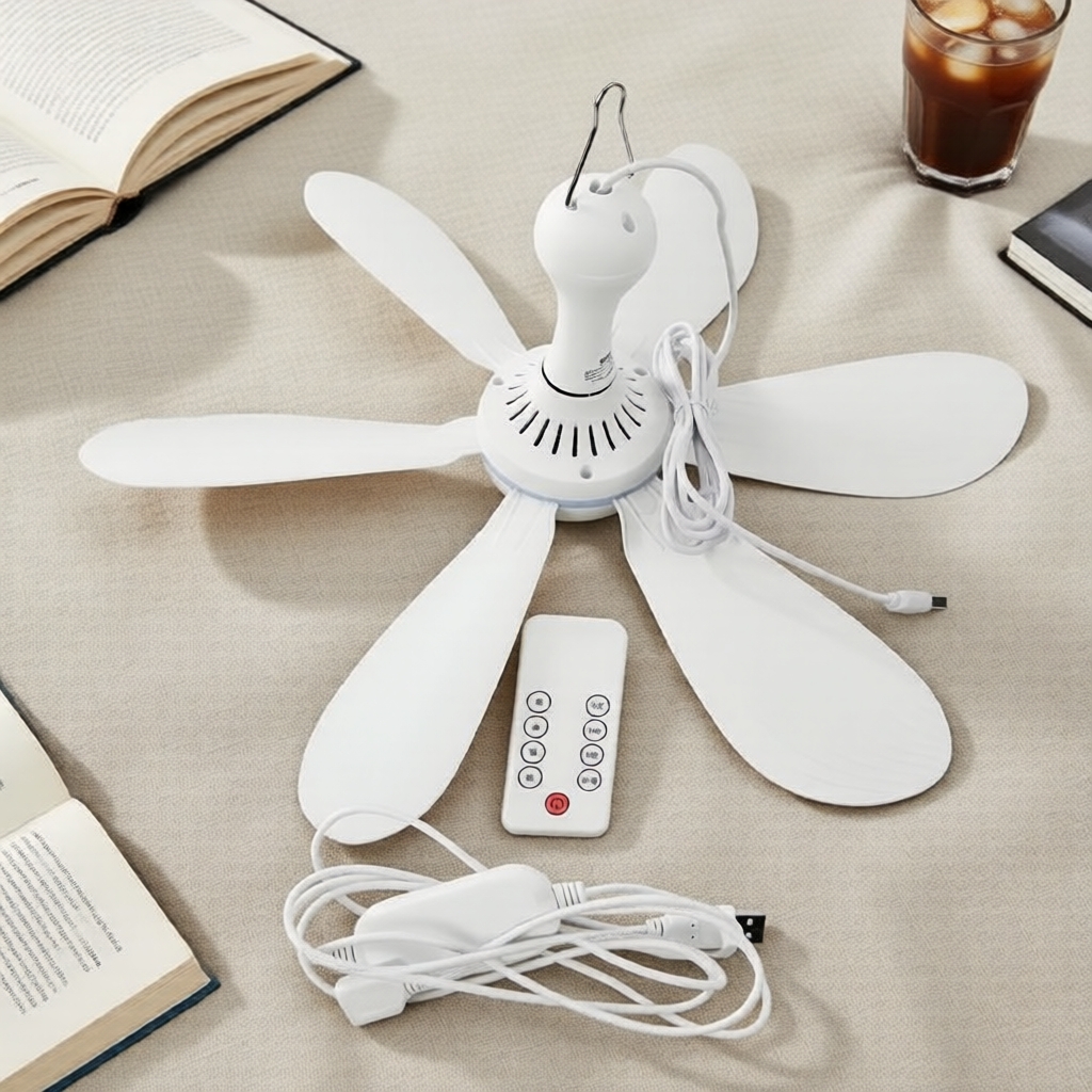 Ventilador de Teto Silencioso com 6 Pás USB, 4 Velocidades, Controle Remoto e Timer – Ideal para Camas, Tendas e