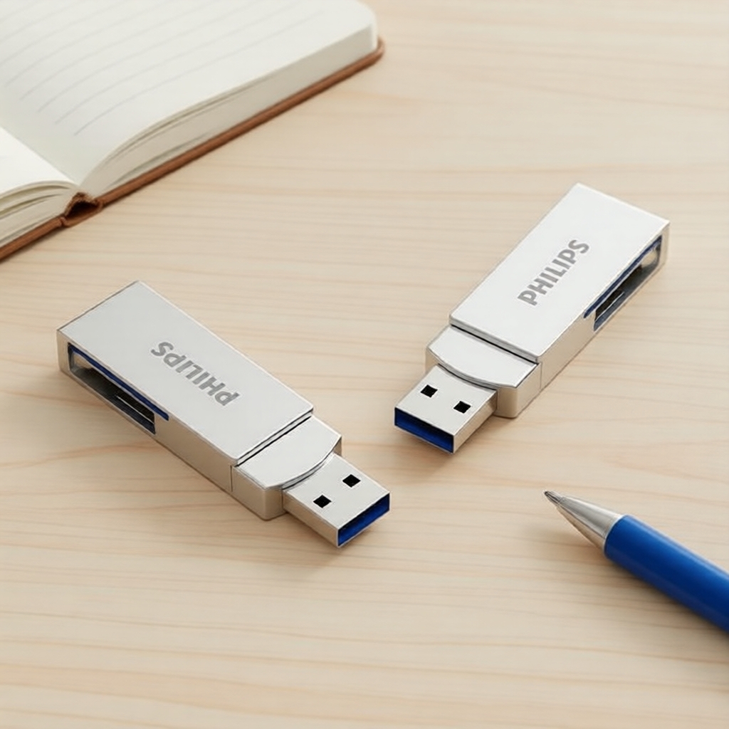 Pen Drive Philips de Alta Velocidade 16GB–256GB, USB 3.2, Prata, Liga de Zinco, Giratório para PC e Notebook