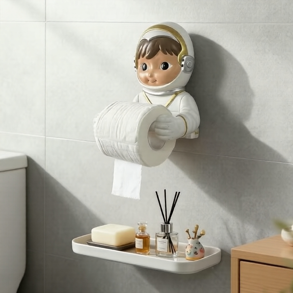 Suporte de Papel Higiênico Astronauta 3D, Porta-Lenços de Parede em Resina, Armazenamento Temático Espacial para