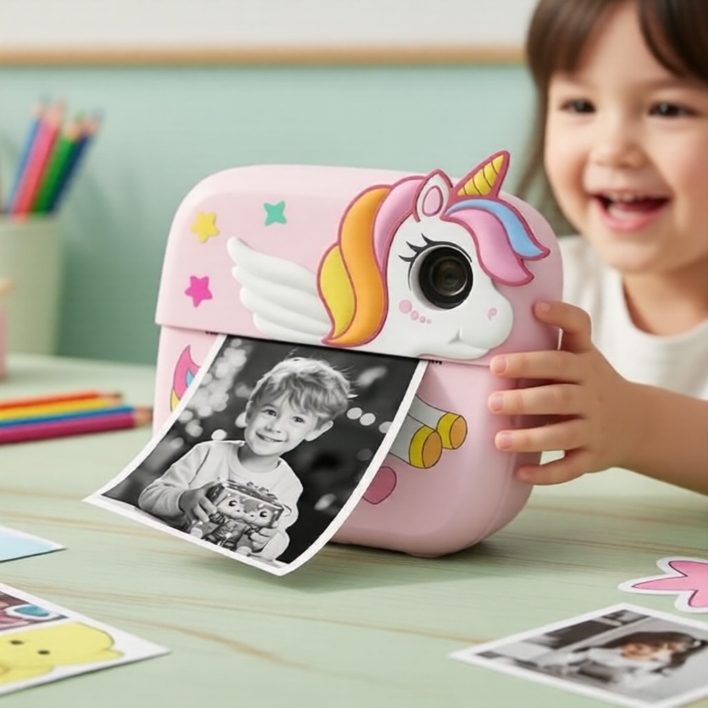 Câmera Instantânea Infantil 2,4 HD, Lente Frontal/Traseira, Vídeo 1080P, Cartão 32GB, 2 Rolos de Papel, 1300mAh, Rosa,