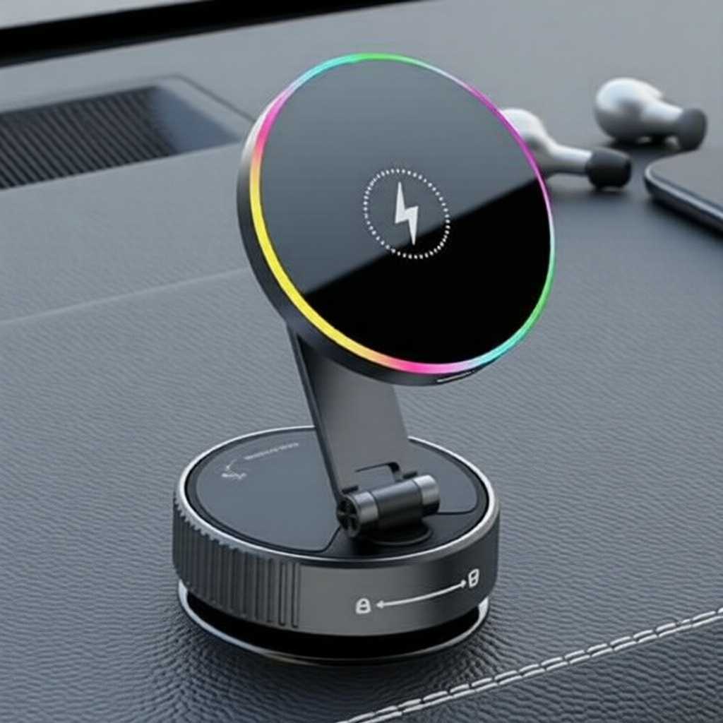 Suporte Magnético Giratório 360° para Carro com Ventosa, Carregamento Rápido Sem Fio e Braçadeira para Celular - Kit