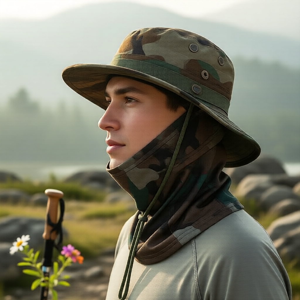 Chapéu Camuflado Masculino, Chapéu de Sol de Aba Larga, Boné de Pesca Respirável ao Ar Livre