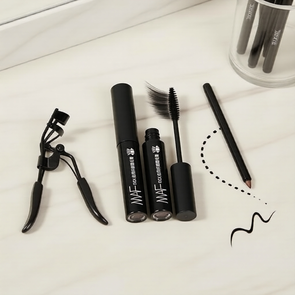 Kit de Maquiagem para Olhos à Prova d’Água 3 em 1: Máscara, Curvador de Cílios e Delineador à Prova de Borrões