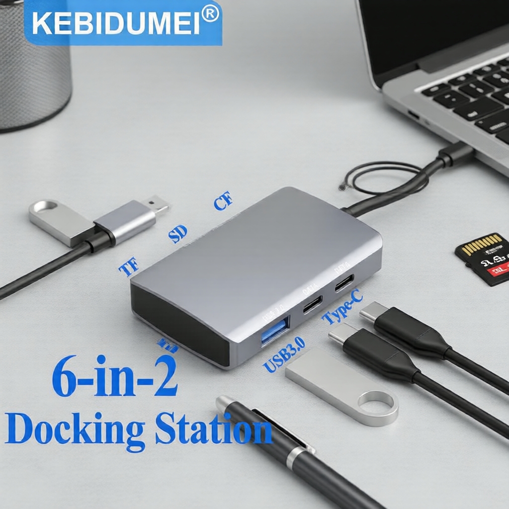 KEBIDUMEI Hub USB-C 6 em 2: 3x USB 3.0, Leitor de cartões SD/TF/CF, Hub OTG e Divisor
