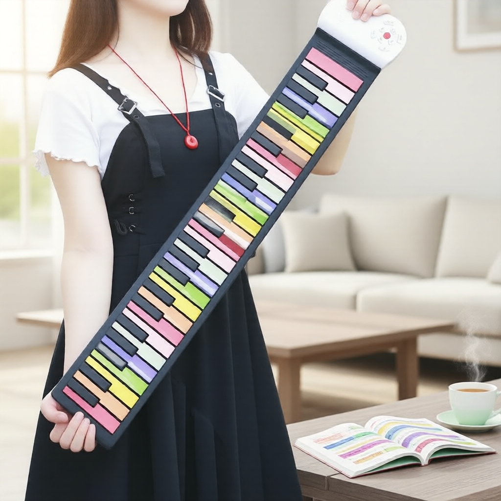 Teclado eletrônico portátil de silicone com 49 teclas, dobrável e ideal para iniciantes e prática musical