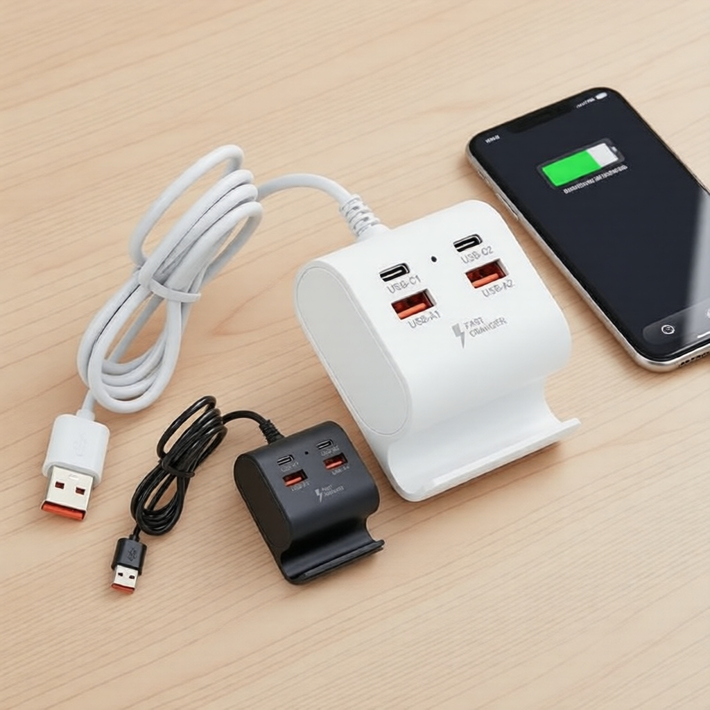 Estação de Energia USB 4 em 1 Dock: Suporte para Celular, Sincronização Rápida de Dados USB 2.0, Tomada de Alimentação e