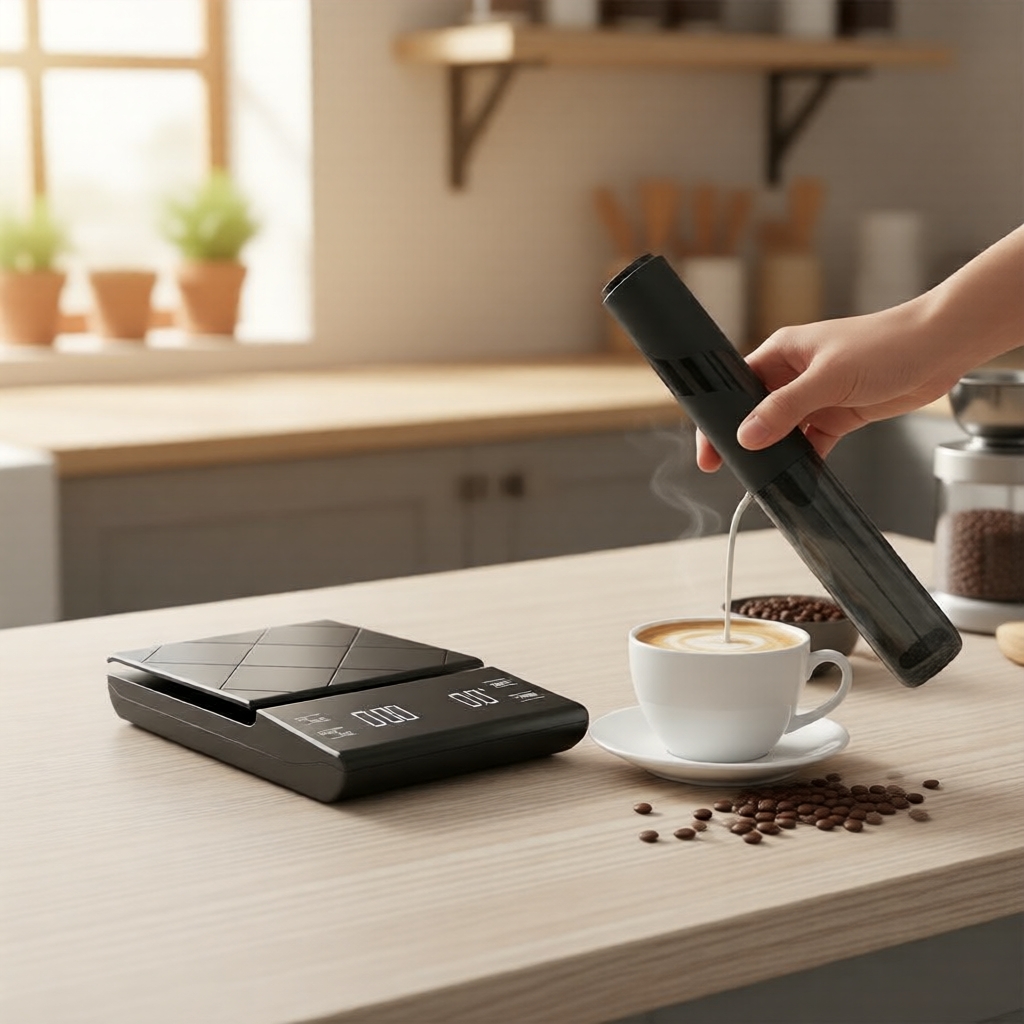Conjunto de Preparo de Espresso: Balança Digital Recarregável de Alta Precisão & Espumador de Leite Elétrico