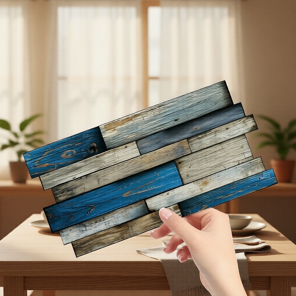 Ladrilhos de Vinil Adesivo à Prova d'Água com Grão de Madeira Azul Retrô para Cozinha/Banheiro/Painel de Lareira - 2D