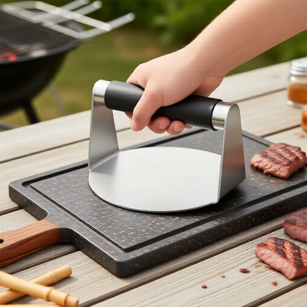 Prensa e Esmagador de Hambúrguer em Aço Inoxidável, Pega Resistente ao Calor, Ideal para Grelhador de Churrasco