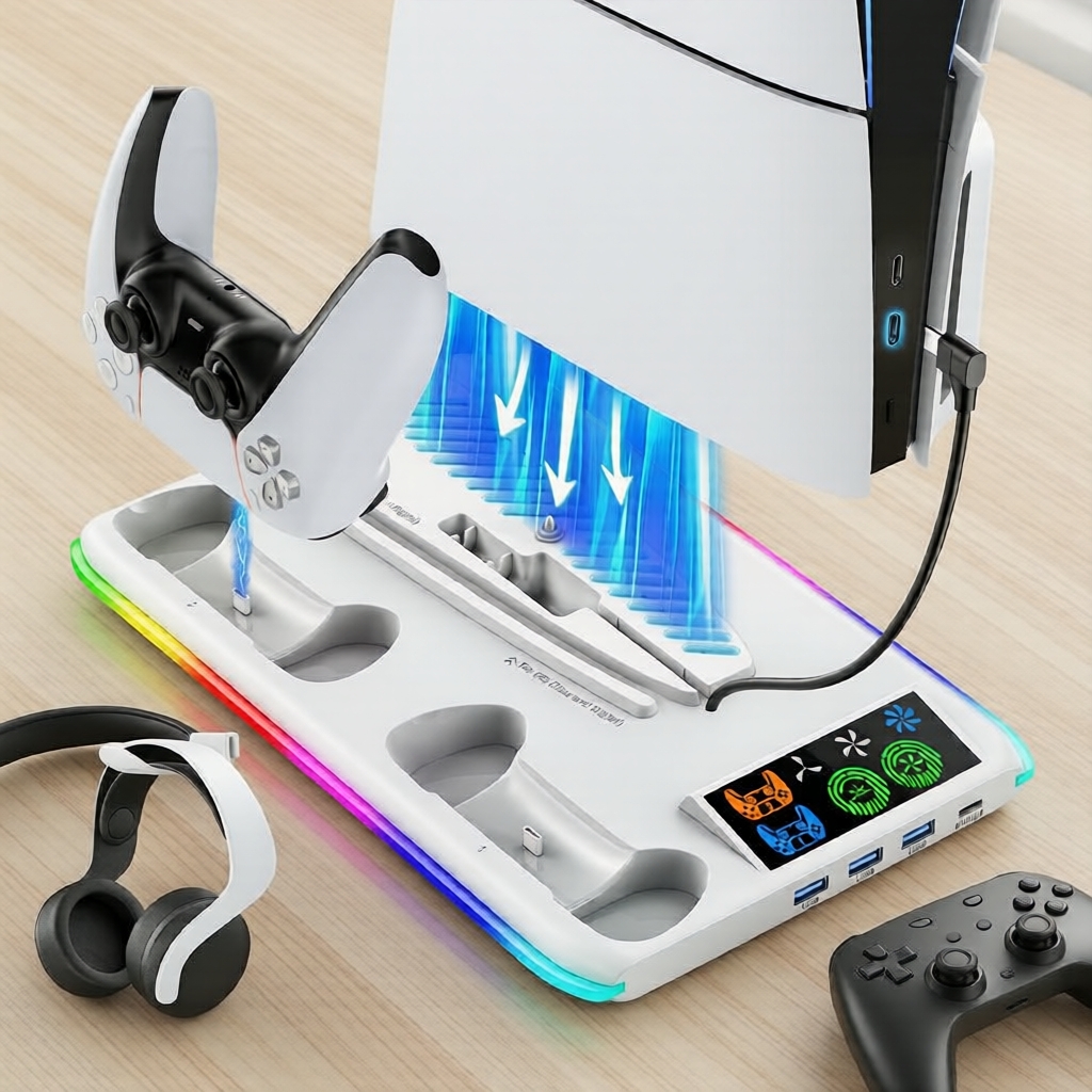 OIVO PS5 DualSense Carregador com Ventilador de Refrigeração & 3 Hubs USB para PS5 Pro/Slim