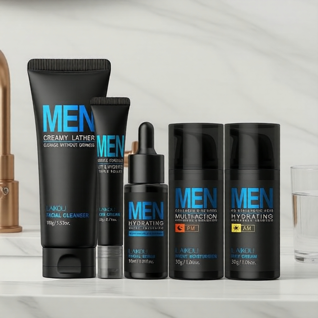 Kit de cuidados masculinos LAIKOU 5 em 1: gel de limpeza, essência, creme diurno, creme noturno e creme para os olhos +