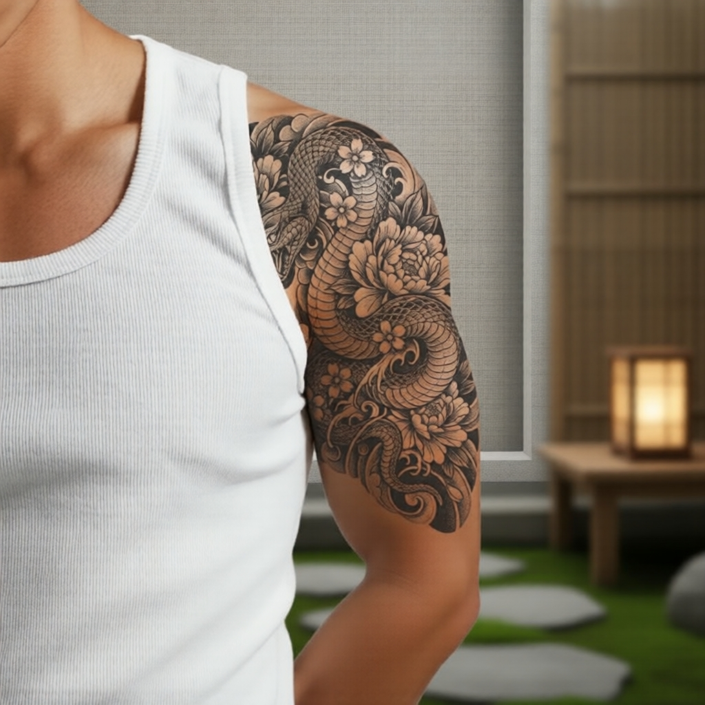 Decal de tatuagem temporária realista japonesa com motivo de cobra e peônia, meia manga, à base de ervas, à prova
