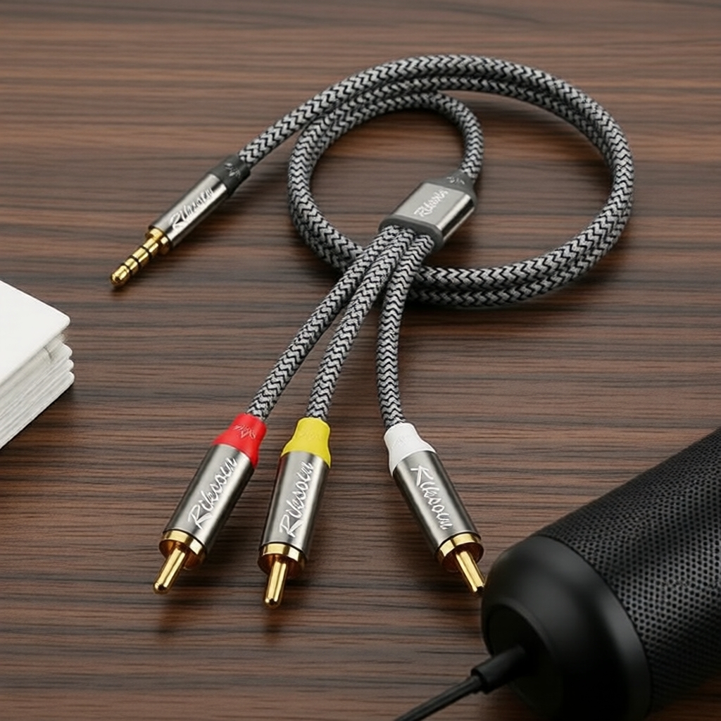 Riksoin cabo de áudio e vídeo 3,5 mm para 3 RCA 9,8 pés auxiliar estéreo para câmera de vídeo, caixa de TV, Elite X
