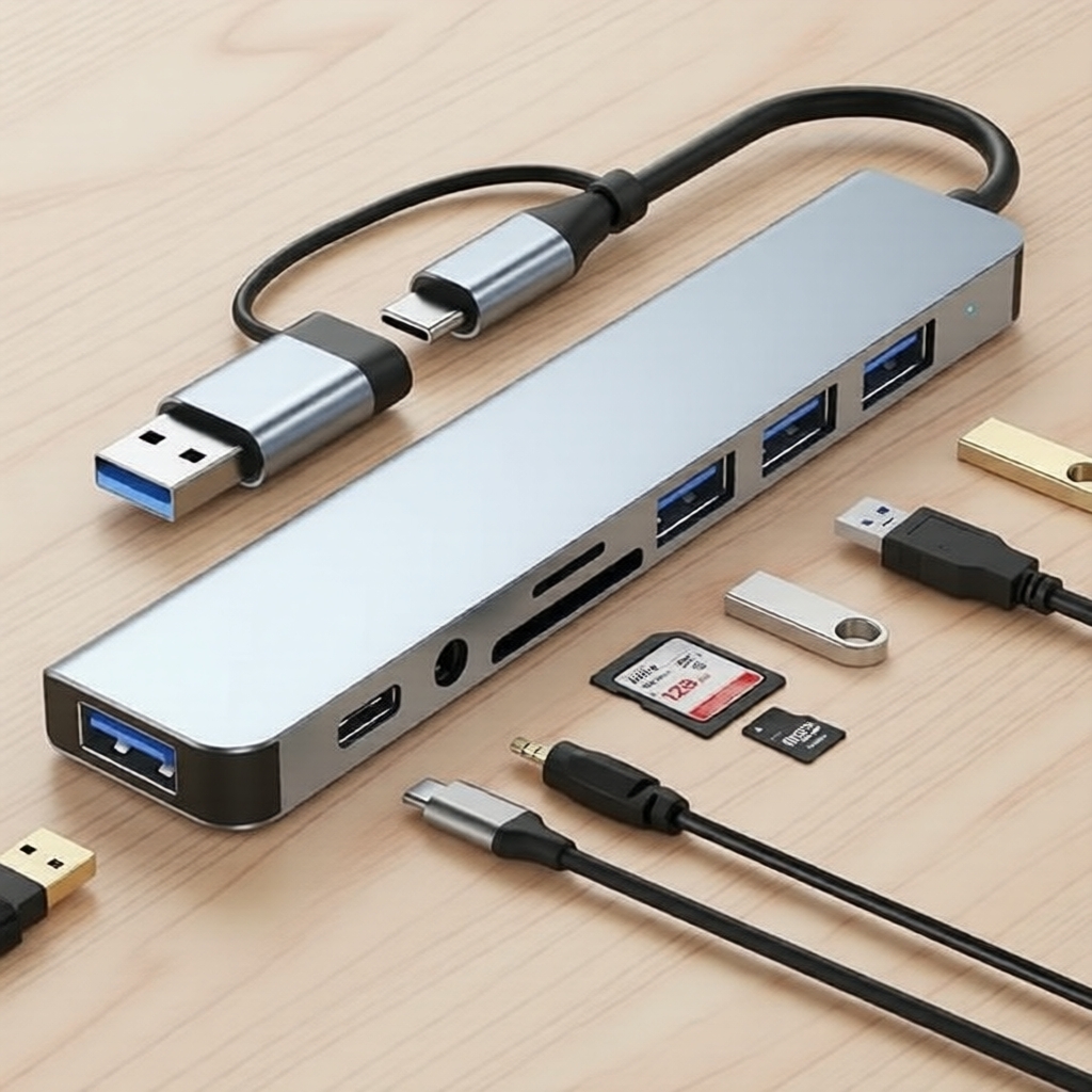 Estação de acoplamento 8 em 2 USB 3.0 e USB-C com slot para cartão SD/TF e tomada de fone de ouvido de 3,5 mm para PC