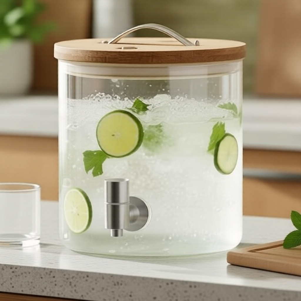 Dispensador de Bebidas de Vidro 5L com Torneira de Aço Inoxidável, Boca Larga e Recarga Fácil para Bebidas Frias – Ideal