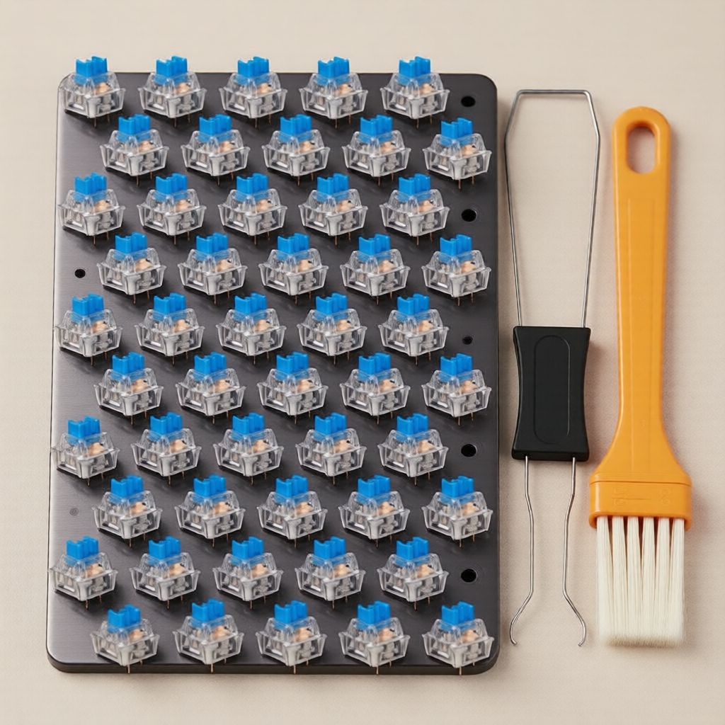 Interruptores Blue Clicky para Teclados Mecânicos, Prontos para Impressão 3D, com Extrator de Interruptores e Pincel