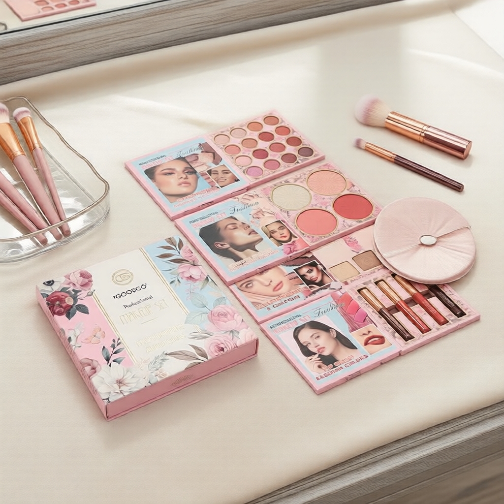 Paleta de Maquiagem 25 Cores Floral: Sombras Peroladas e Foscas, Contorno, Brilho Labial – Kit Presente Completo