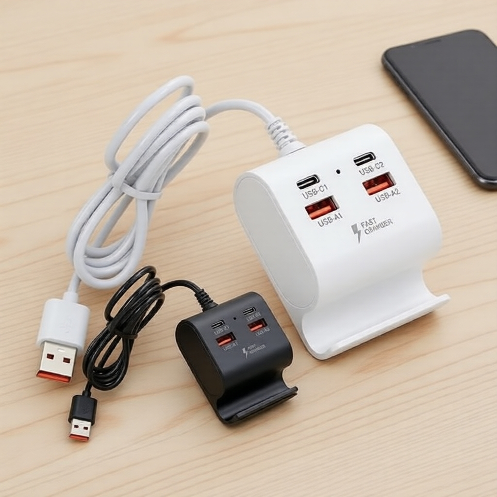 Estação de Carregamento USB 4 em 1: suporte para telefone, hub de dados USB 2.0, tomada tipo C e suporte