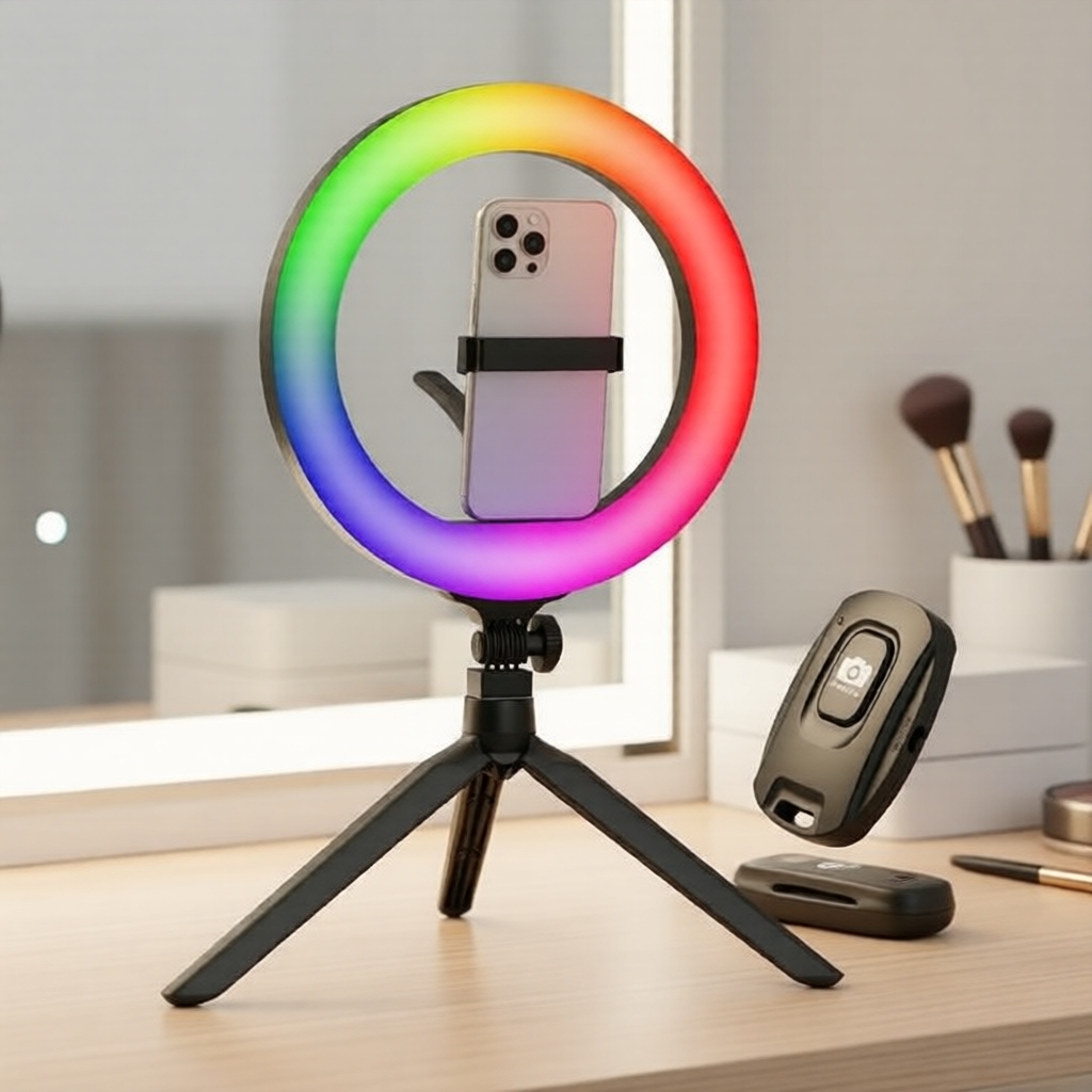Luz de preenchimento com anel RGB de 10 polegadas habilitada para Bluetooth para mesa, adequada para transmissões de