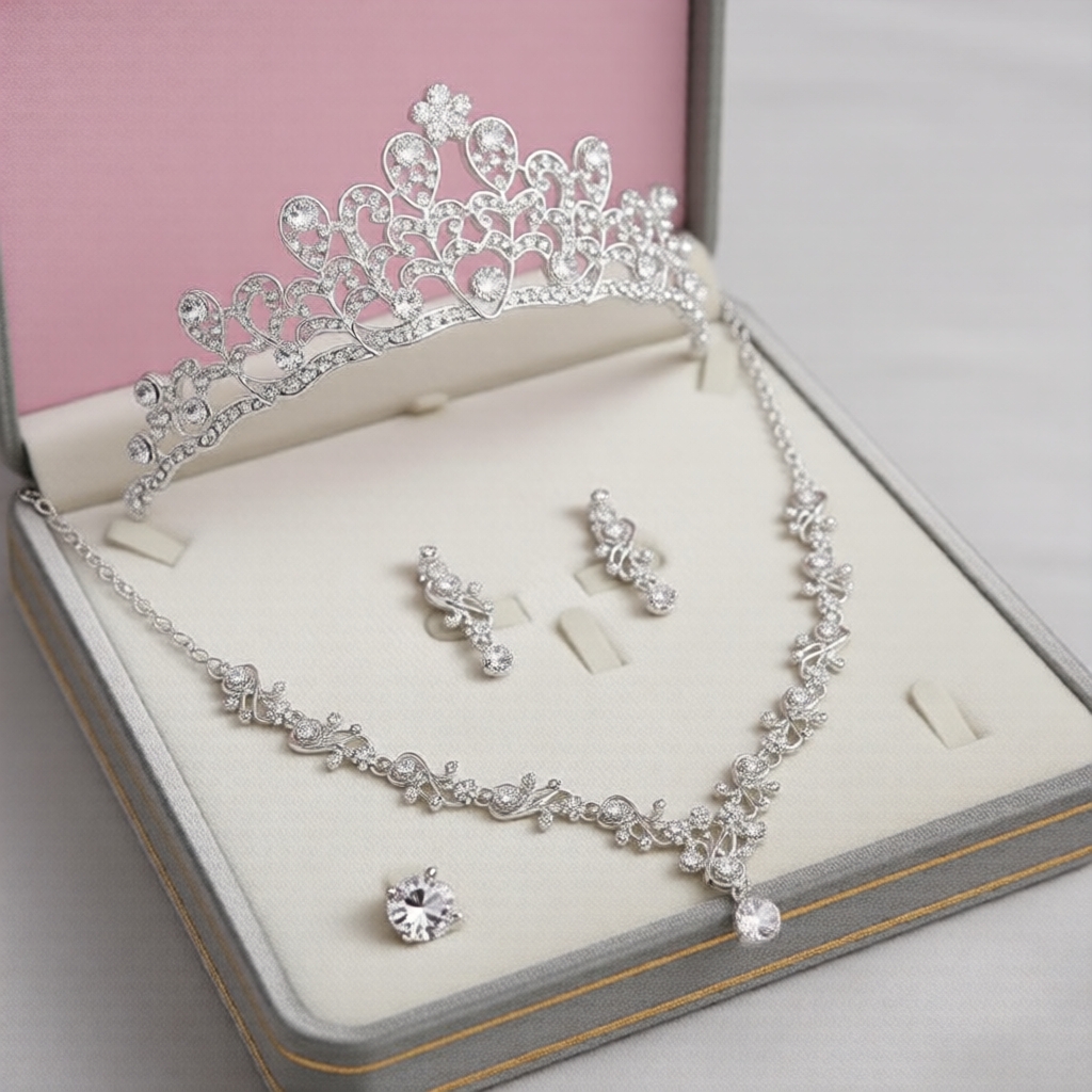 Conjunto de Joias Nupciais com Coroa, Colar e Adorno para a Cabeça, Inclui Caixa de Presente de Casamento e Acessórios